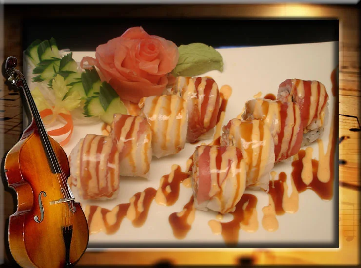 Tiger Roll - Spicy tuna and cucumber topped with seared salmon